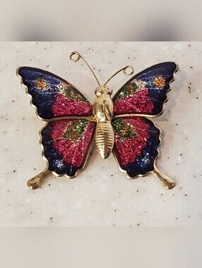 Vintage Interpur Taiwan Butterfly Brooch Pin Glitter Enamel Gold Tone Colorful
